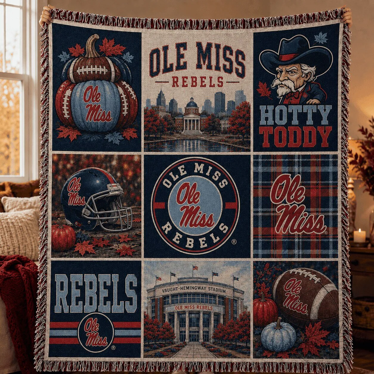 Ole Miss Rebels Football Hotty Toddy Autumn Fall Season Blanket