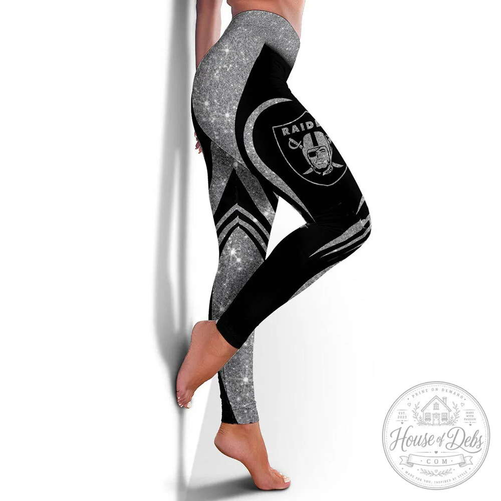Las Vegas Raiders Football Team Black and Silver Glitter Pattern Leggings