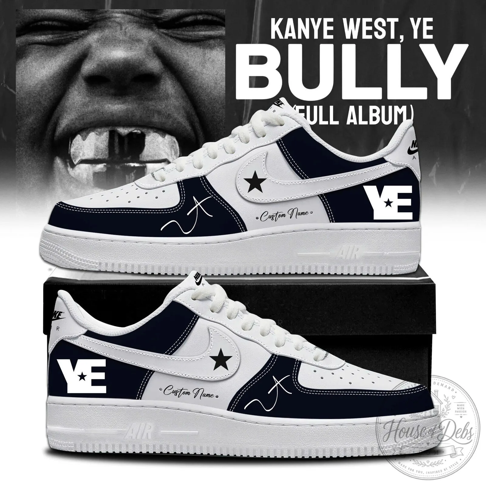 Kanye West Ye Bully Full Album Custom Name White and Navy Sneakers