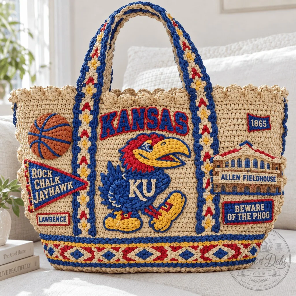 Kansas Jayhawks Straw Embellished Tote Bag with Allen Fieldhouse Design Kansas Jayhawks Straw Embellished Tote Bag with Allen Fieldhouse Design