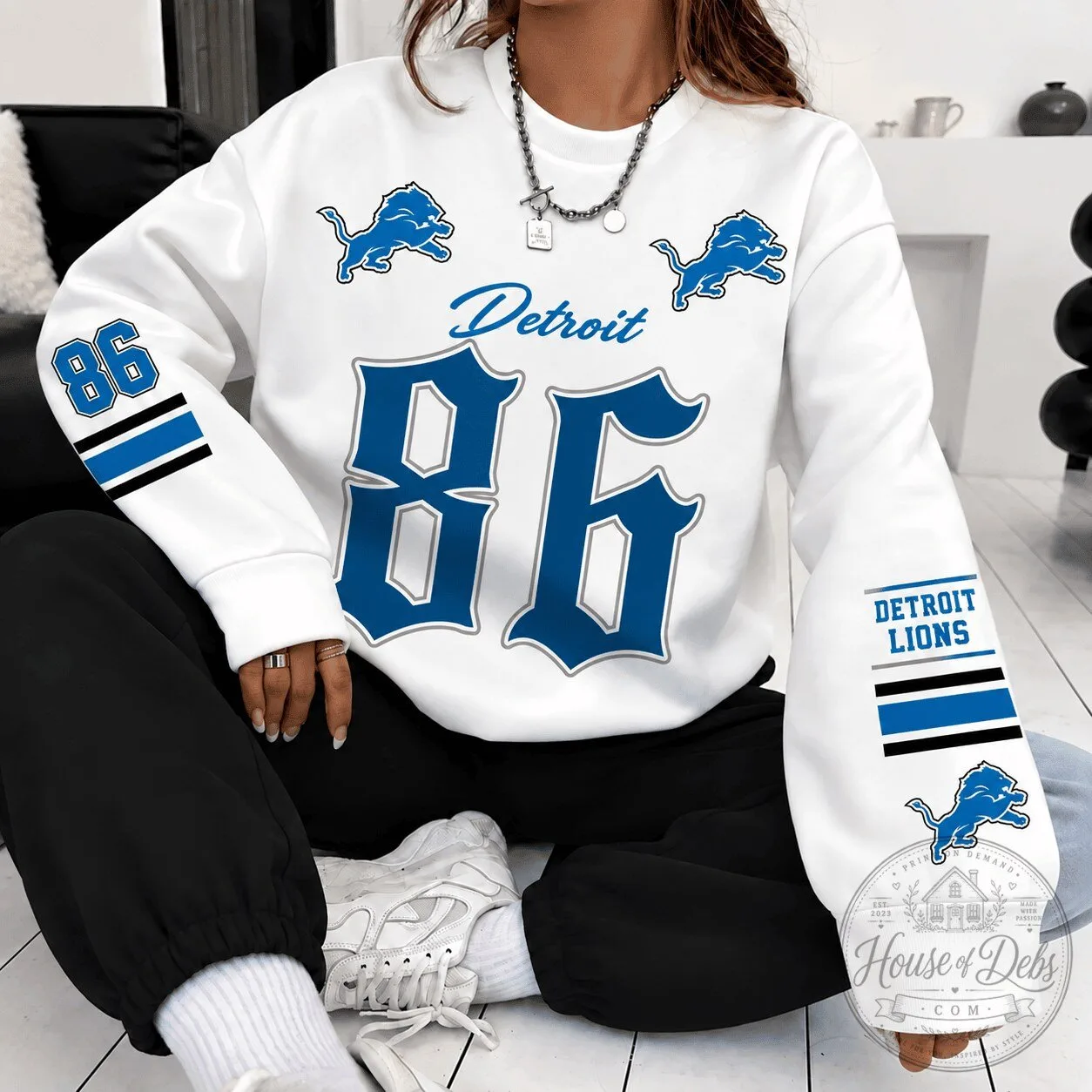 Detroit Lions Football Team Number 86 White Crewneck Sweatshirt