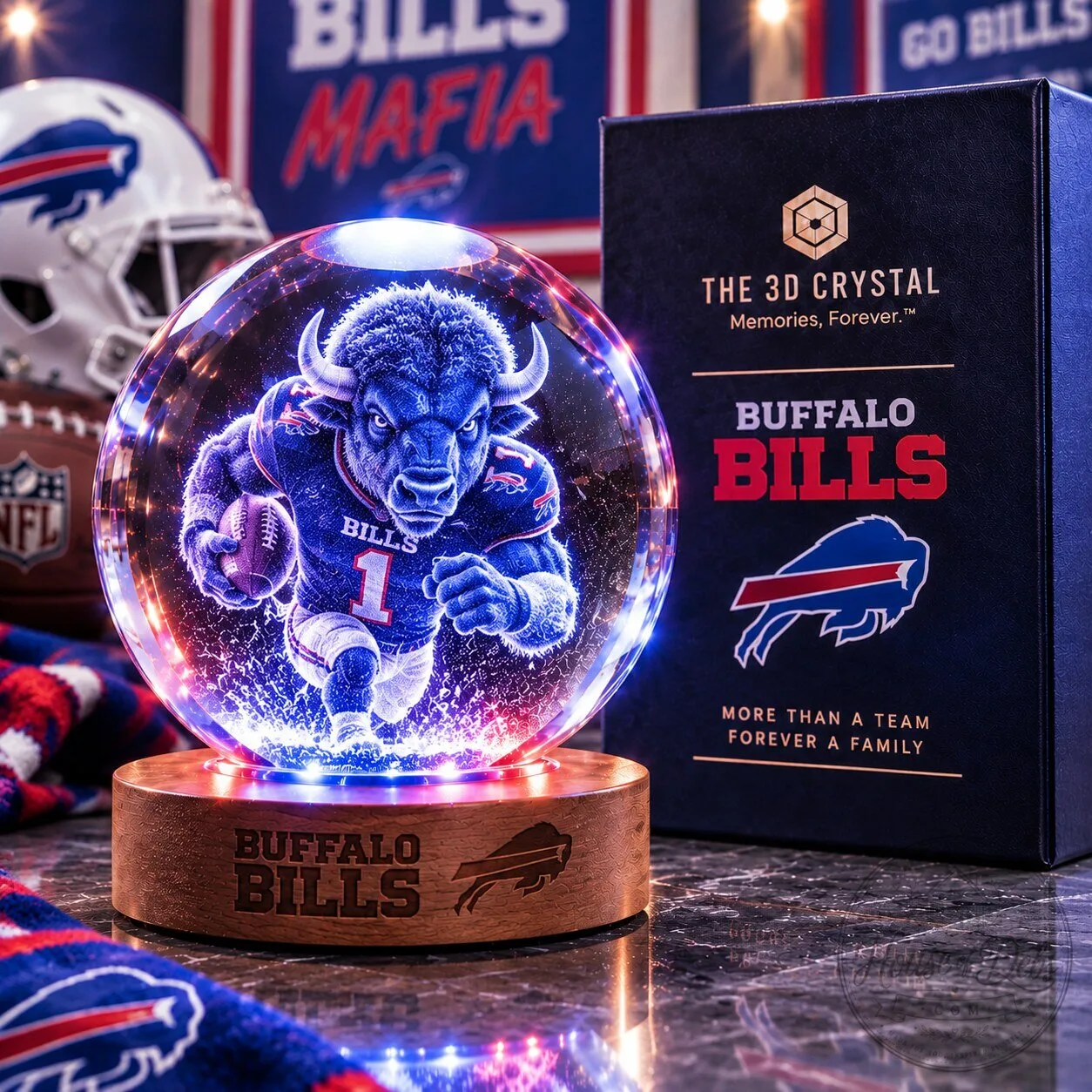 Buffalo Bills Football Team 3D Crystal Sphere LED Lighted Base