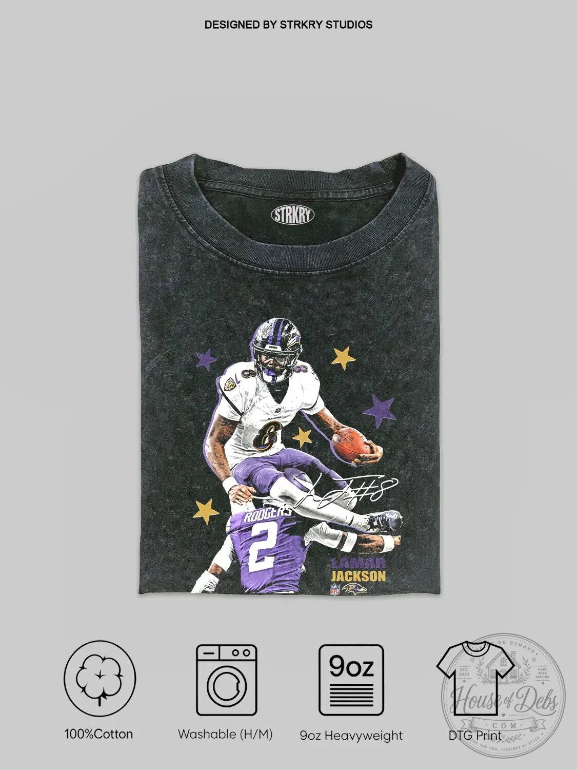 Graphic Washed T-Shirt Featuring Lamar Jackson of the Baltimore Ravens Football Team