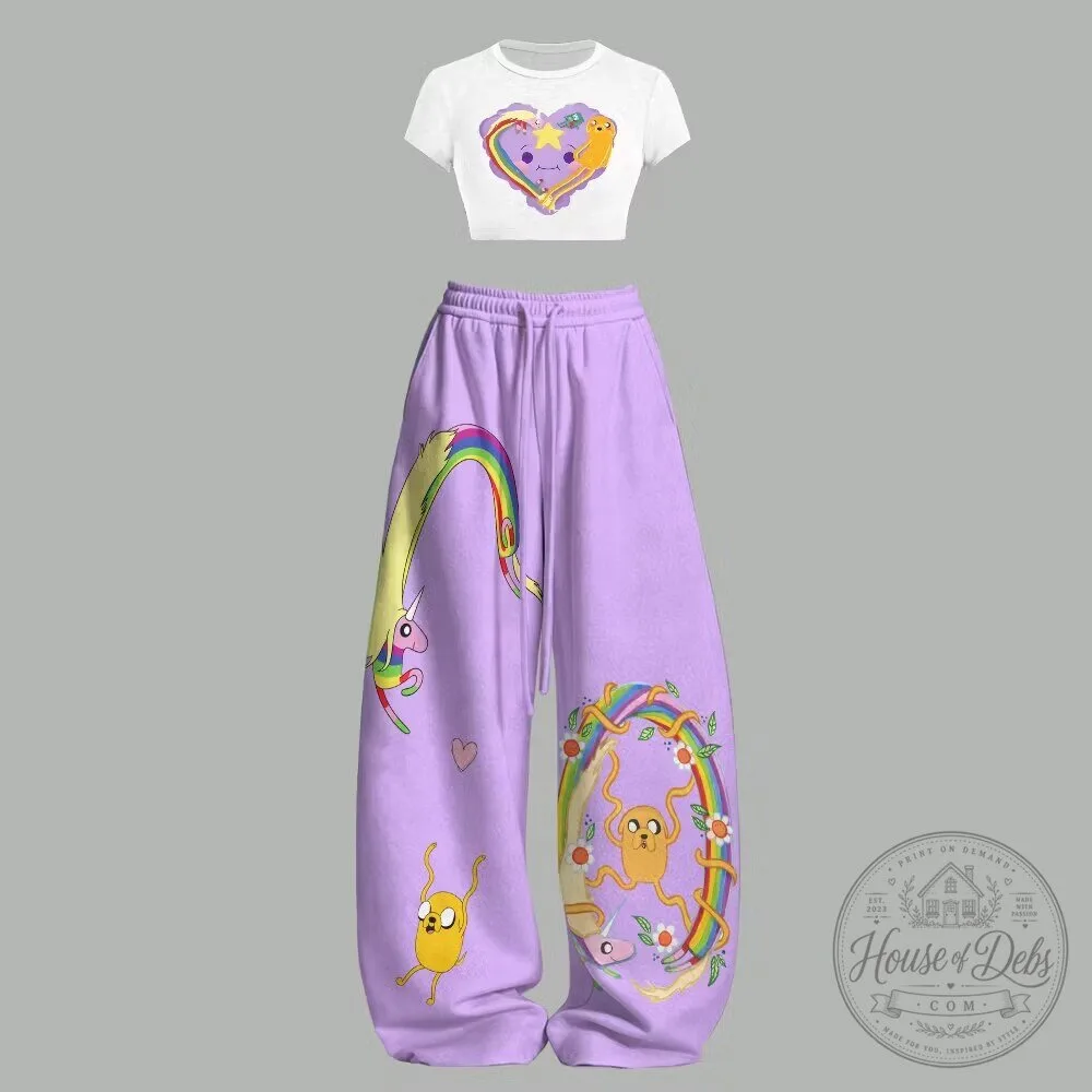 Adventure Time Jake Finn Rainbow Heart Crop Top and Wide Leg Pants Set