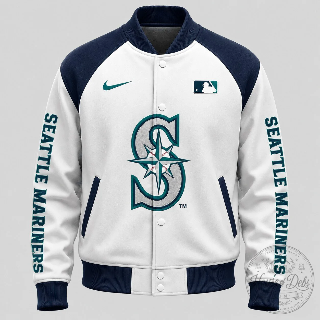 Seattle Mariners Baseball Team White and Navy Blue Varsity Jacket