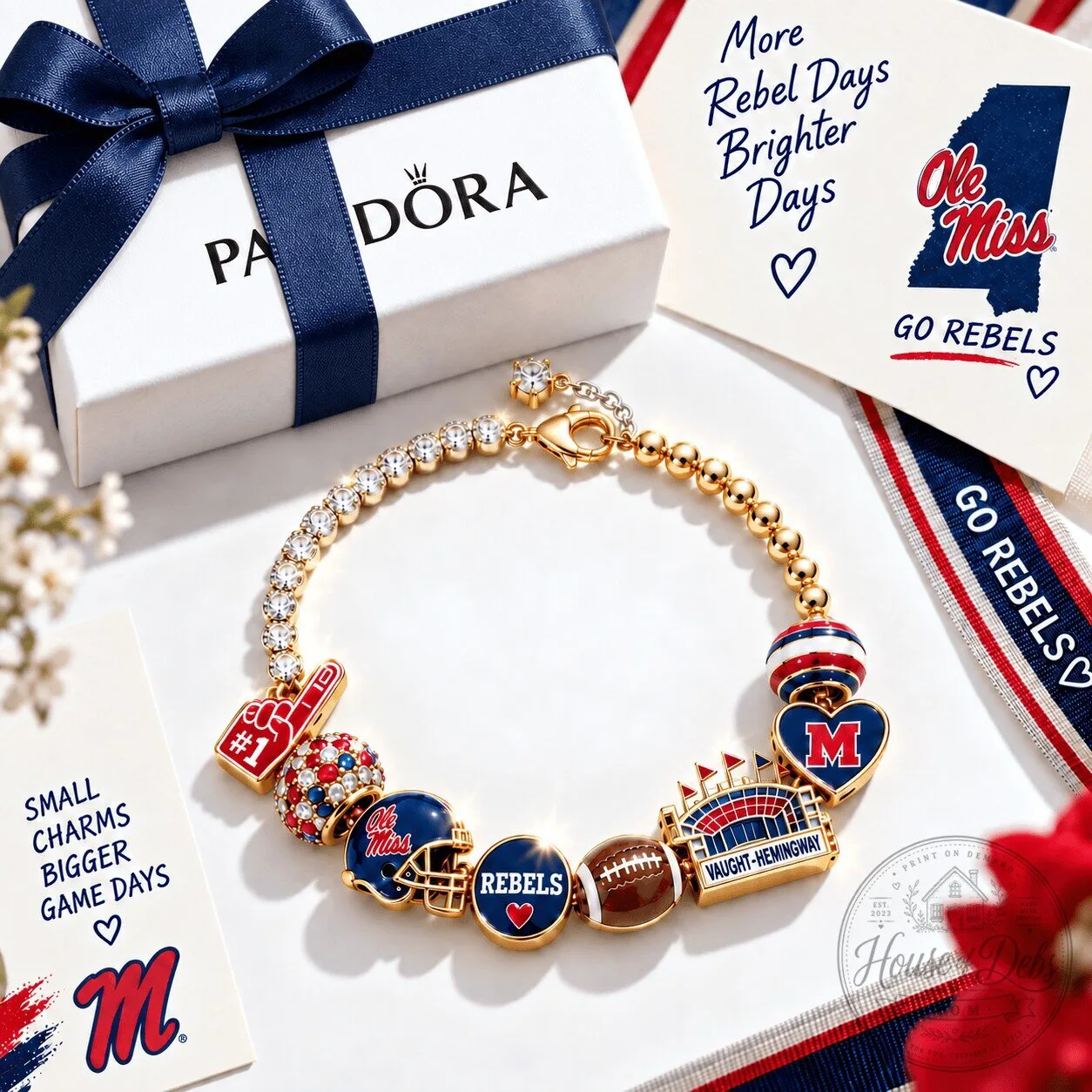 Gold Charm Bracelet Set Featuring Ole Miss Rebels Football Themes
