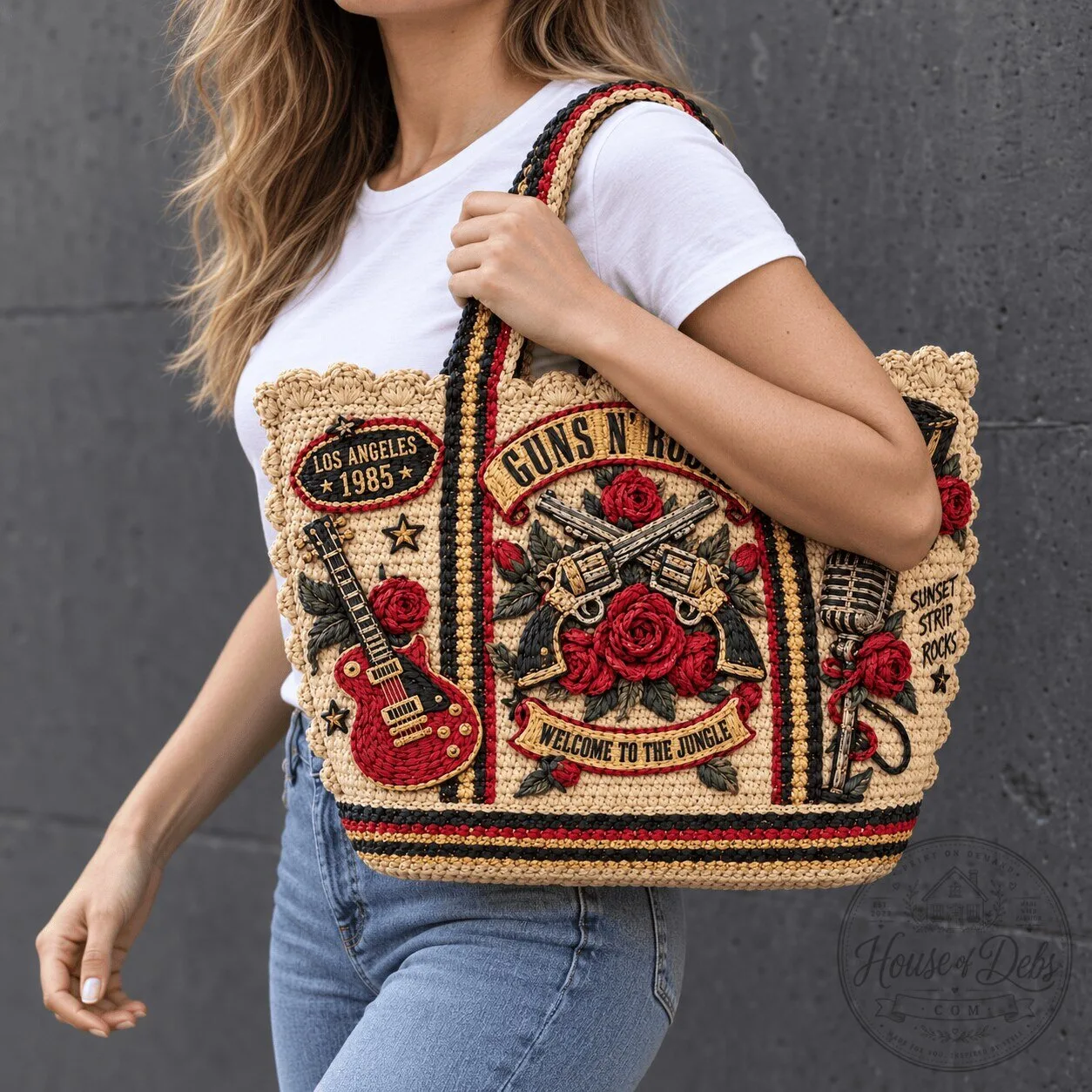 Guns N' Roses Welcome To The Jungle Straw Embellished Tote Bag