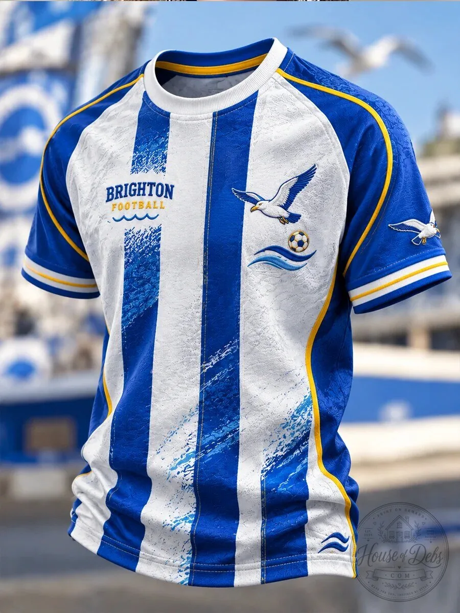 Brighton Football Team Blue and White Striped Seagull Design Soccer Jersey