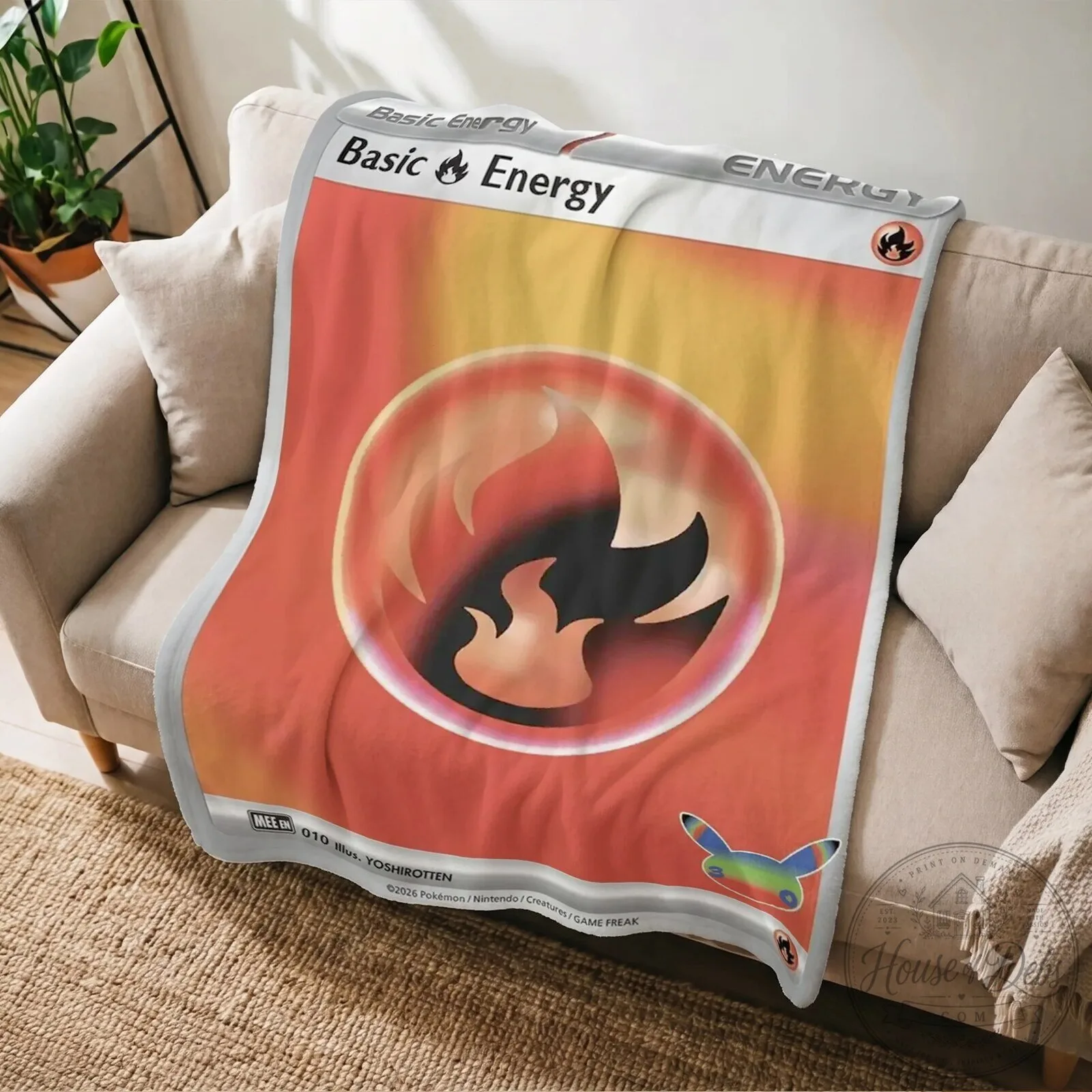 Pokemon Basic Fire Energy Card Blanket, Soft Fleece Throw for Anime Fans