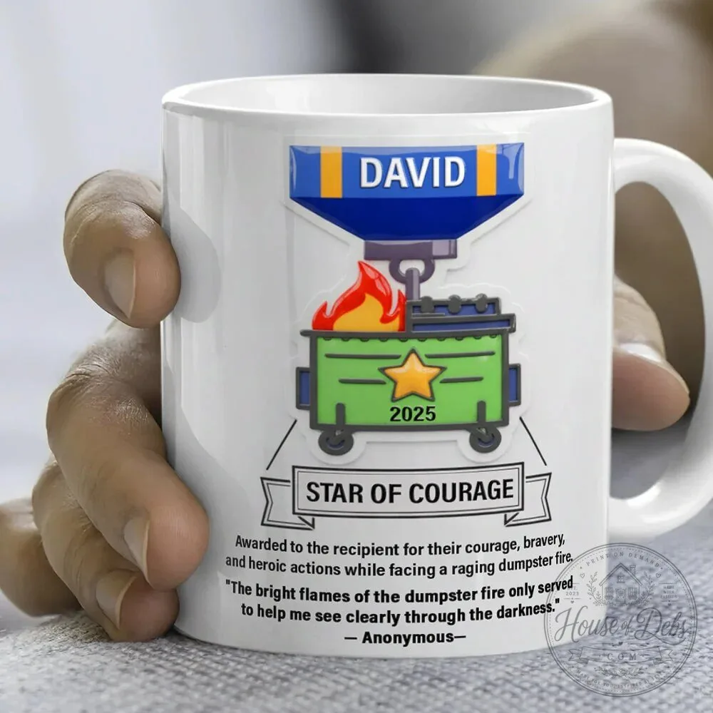 Personalized Coworker Award Star of Courage Dumpster Fire White Coffee Mug