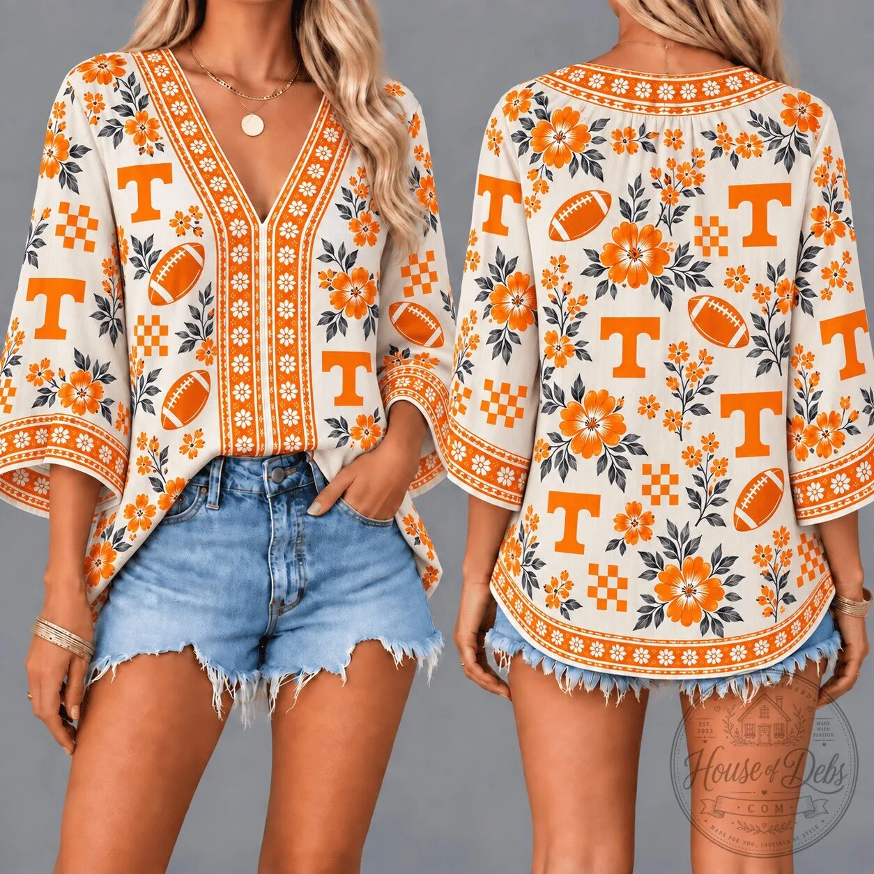 Tennessee Volunteers Floral Boho V-Neck Blouse Women's Football Fan Top