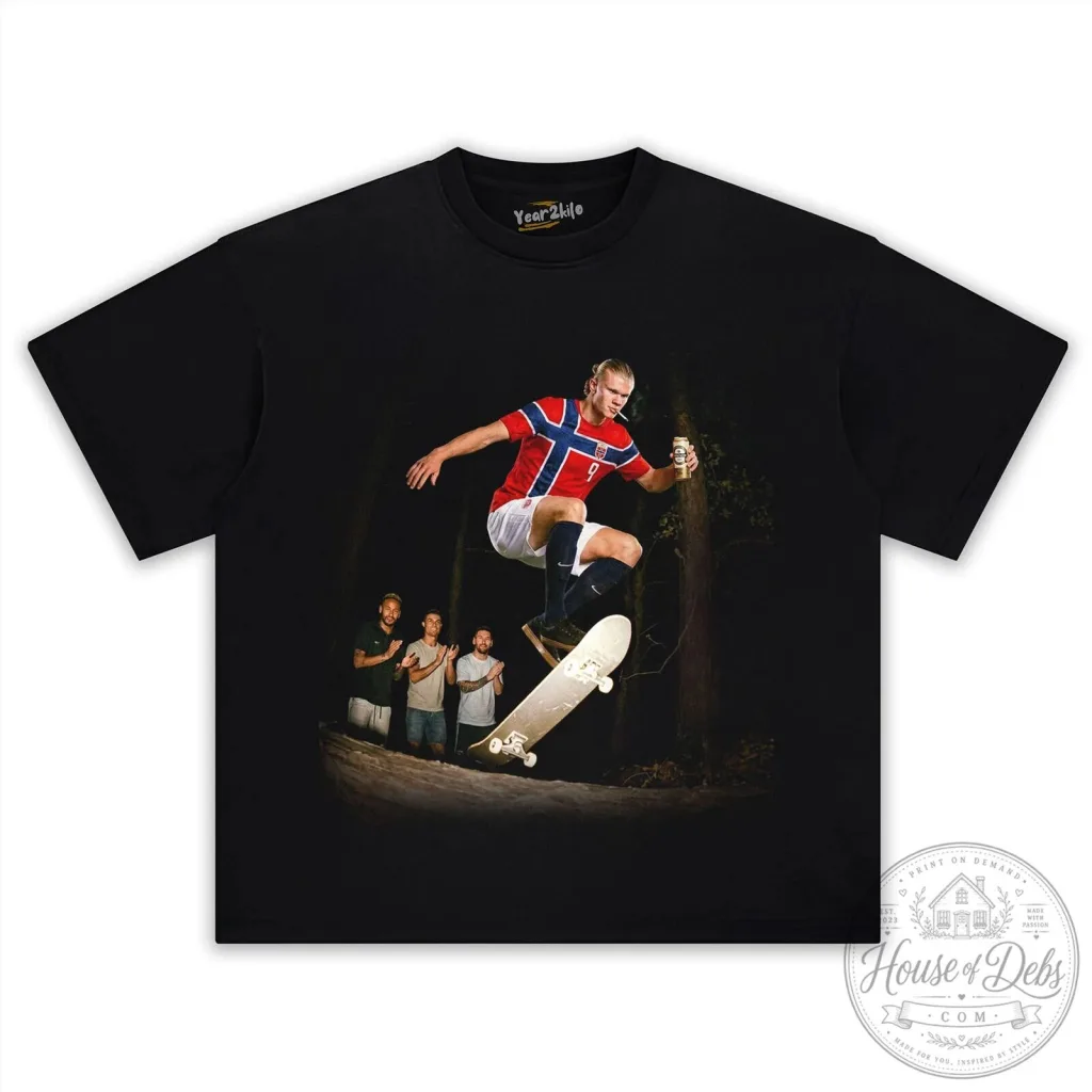 Funny Graphic T-Shirt Featuring Erling Haaland and Norway Football Skateboard Design Funny Graphic T-Shirt Featuring Erling Haaland and Norway Football Skateboard Design