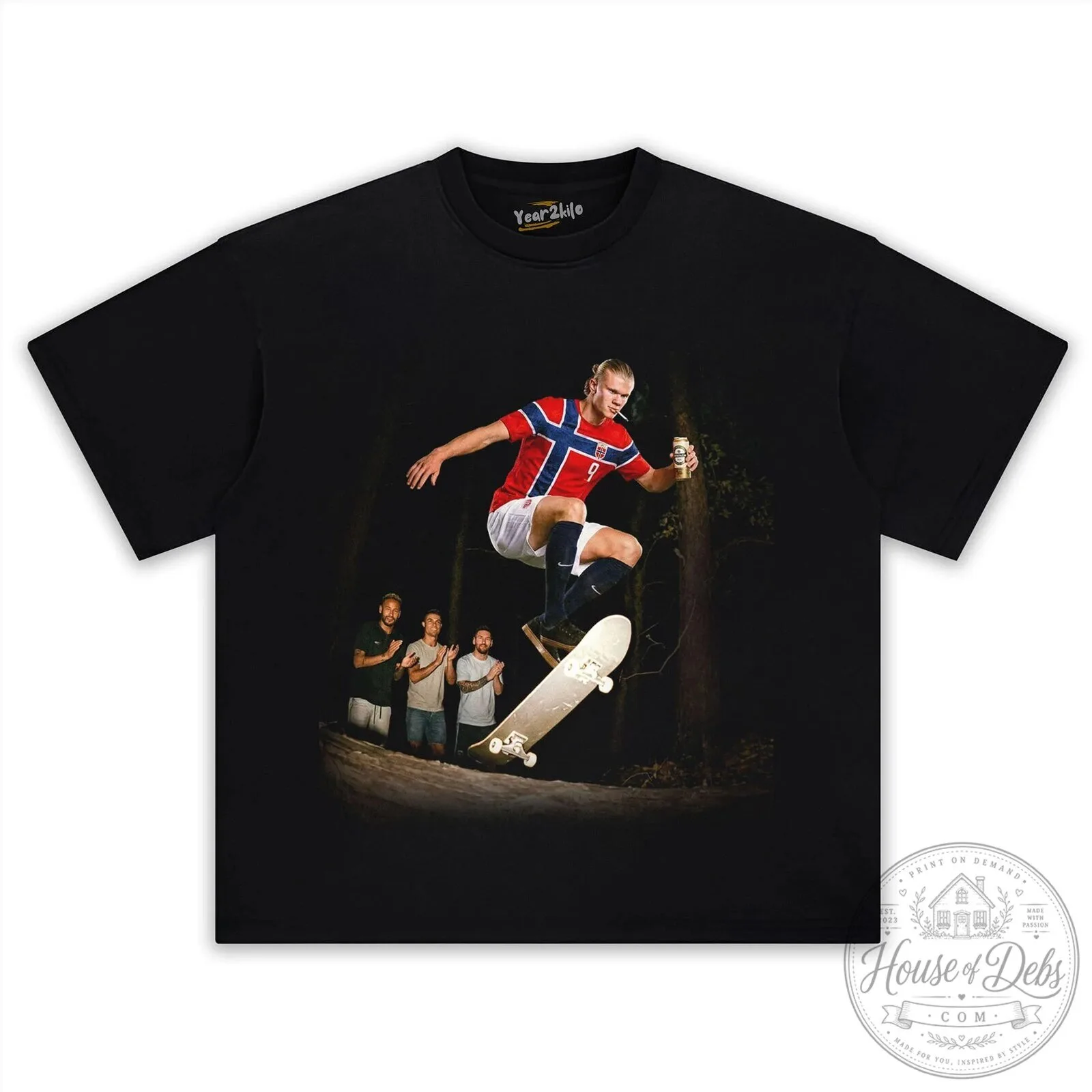 Funny Graphic T-Shirt Featuring Erling Haaland and Norway Football Skateboard Design