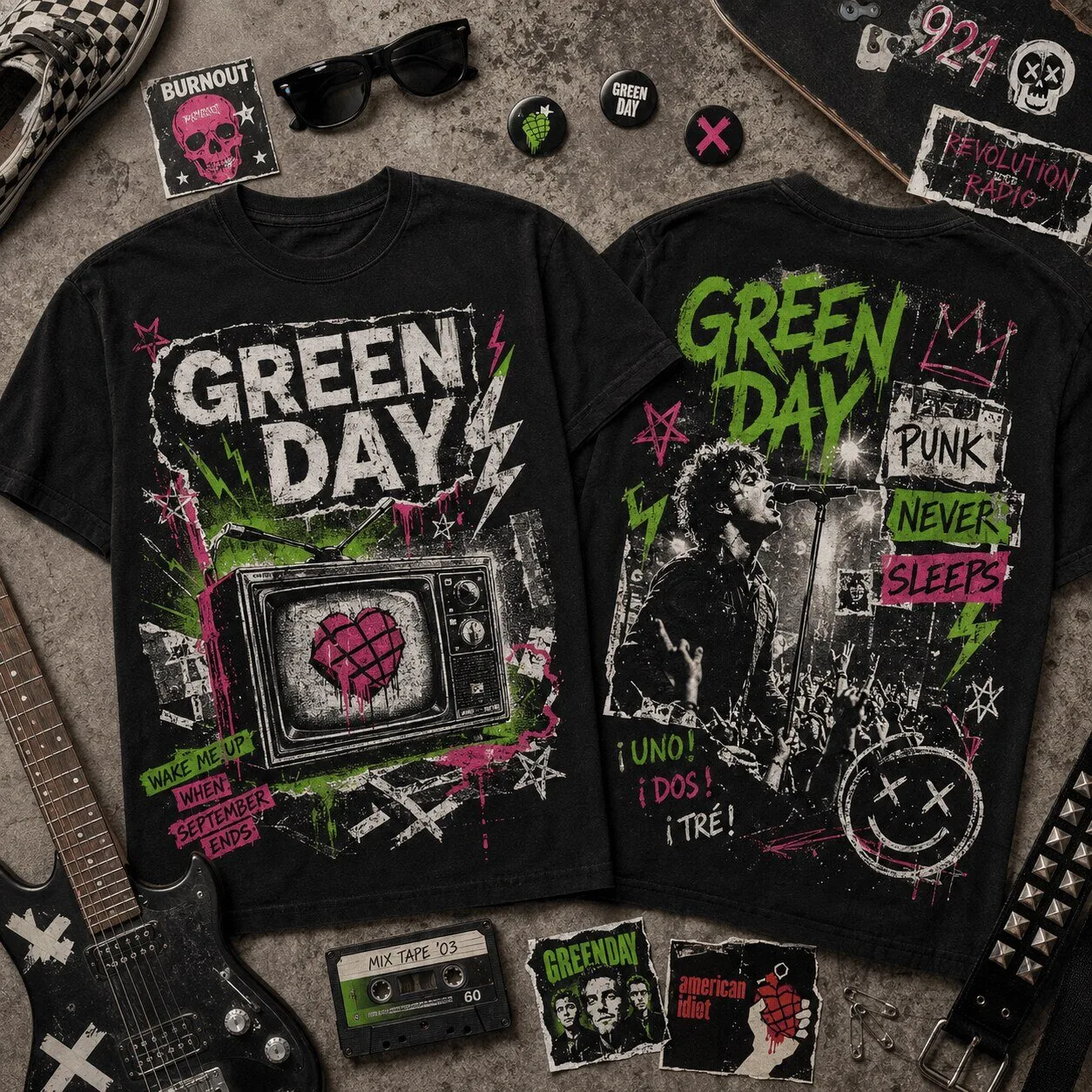 Green Day Punk Never Sleeps Band Music Concert T-Shirt