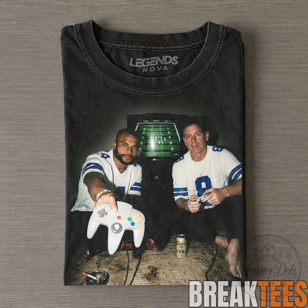 Dallas Cowboys Dak Prescott and Troy Aikman Playing Video Games T-Shirt 2 Dallas Cowboys Dak Prescott and Troy Aikman Playing Video Games T-Shirt