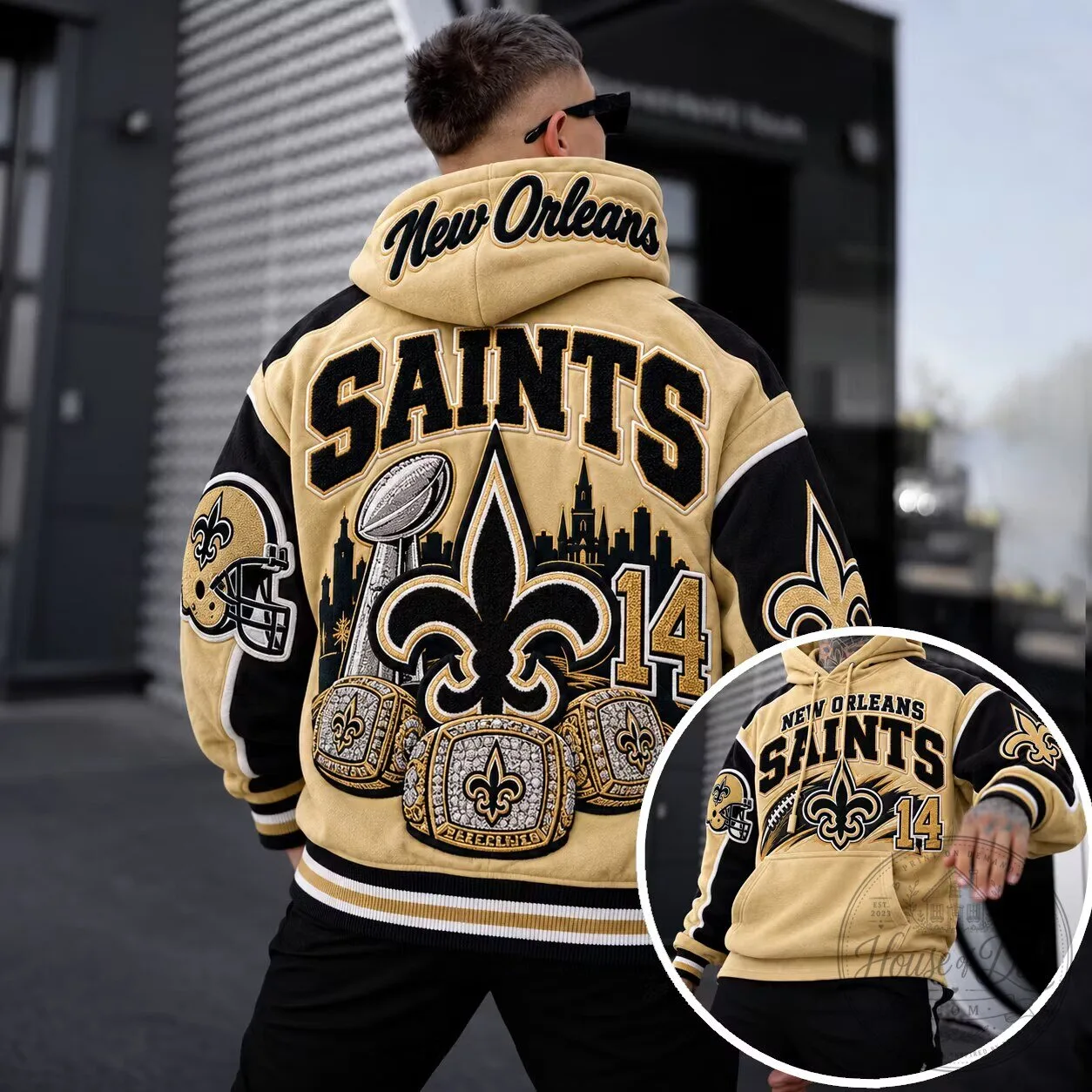 New Orleans Saints Super Bowl Champions Gold Black Varsity Hoodie