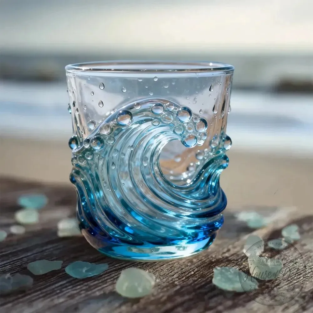 Ocean Wave Glass Tumbler Sea Glass Design Unique Handcrafted Drinking Glass