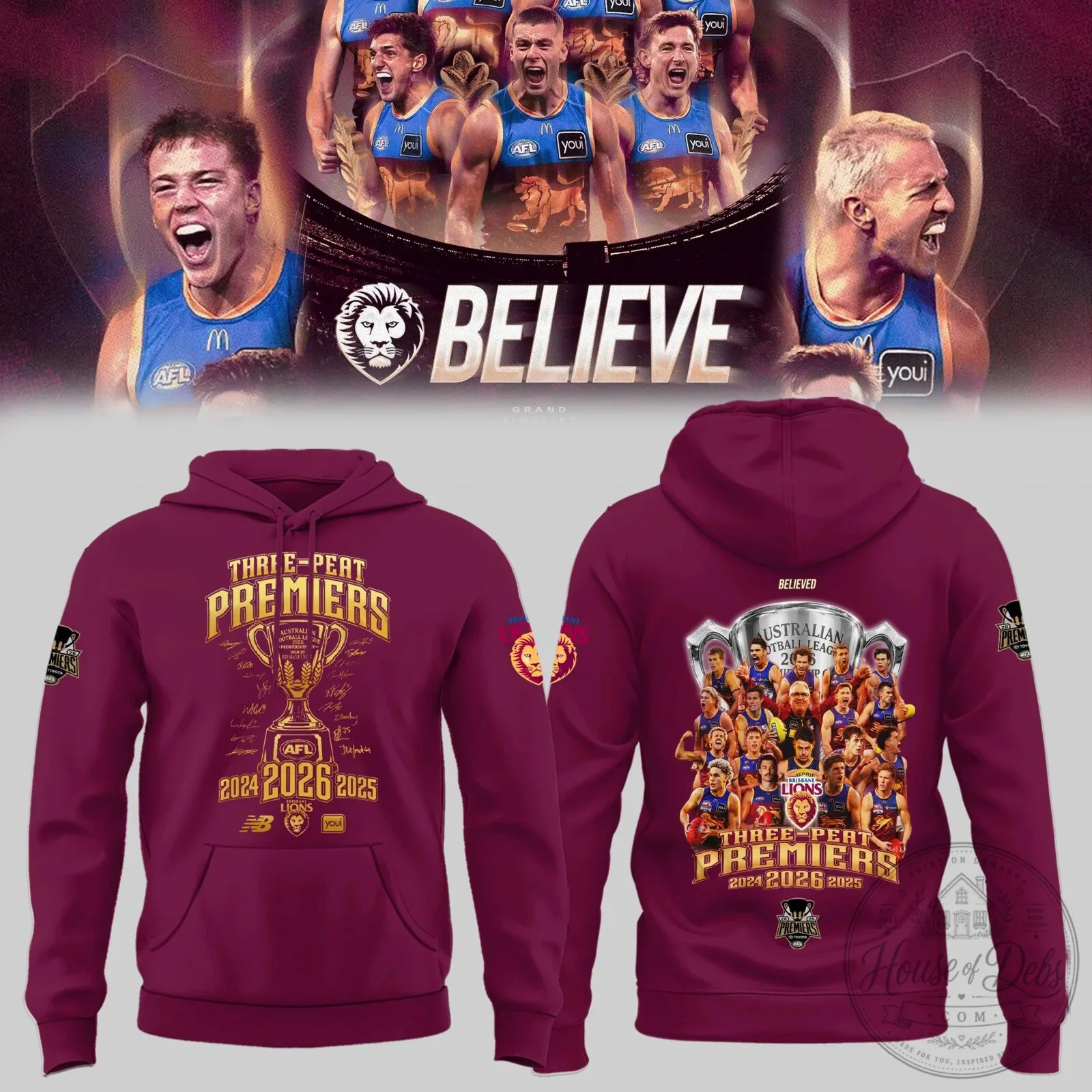 Brisbane Lions AFL Three-Peat Premiers 2024 2025 2026 Hoodie