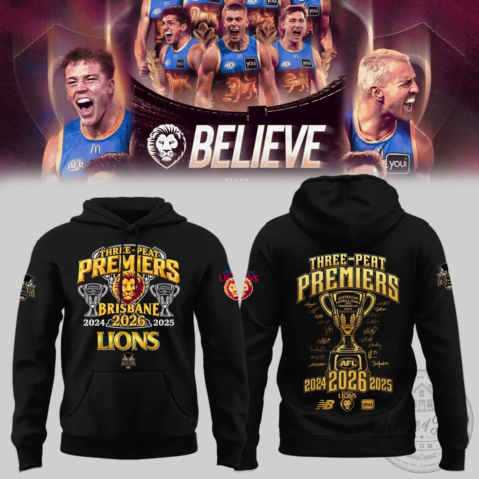 Brisbane Lions Australian Football League Three-Peat Premiers Black Hoodie