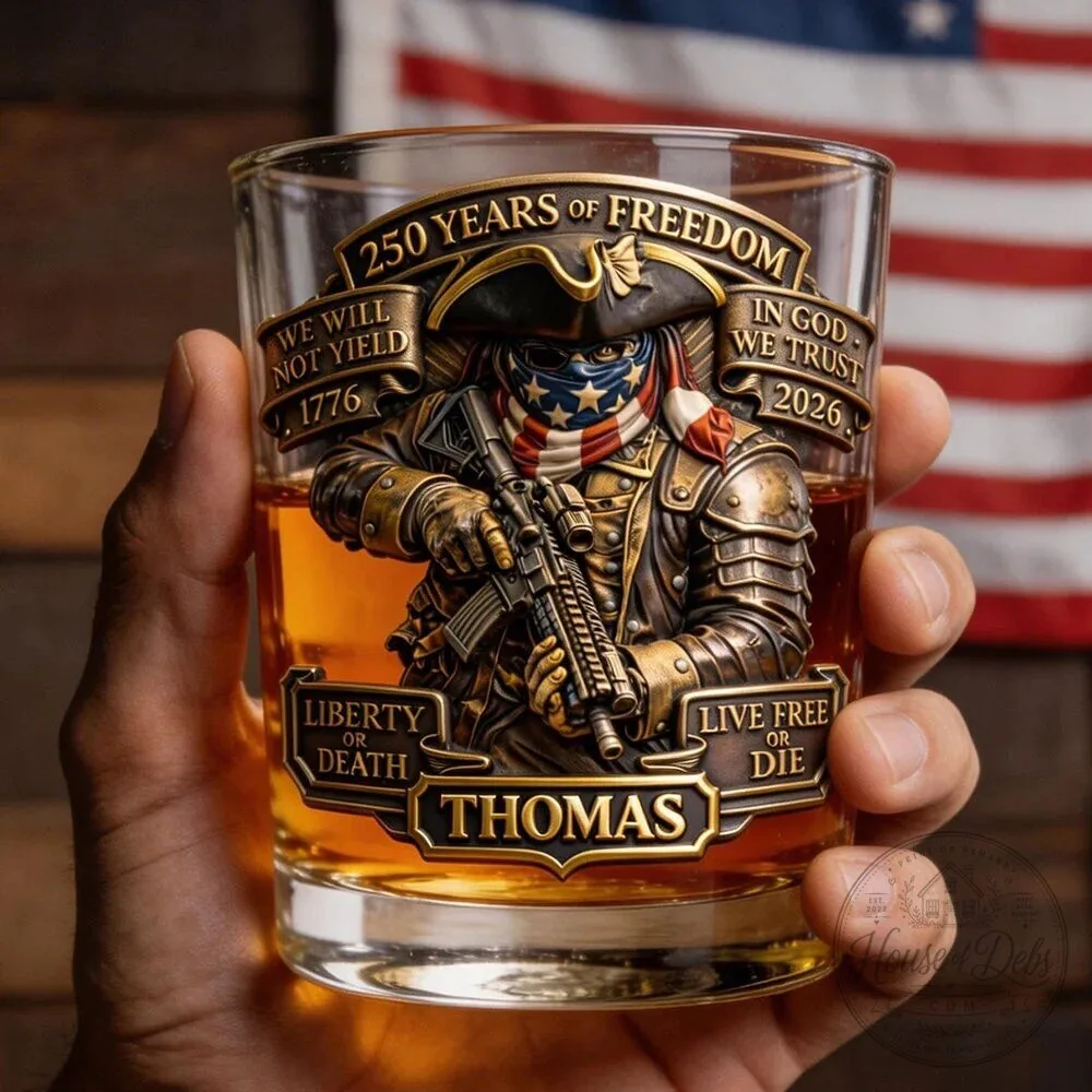 Patriotic 250 Years of Freedom Whiskey Glass, Personalized Thomas Live Free or Die Drinking Glass