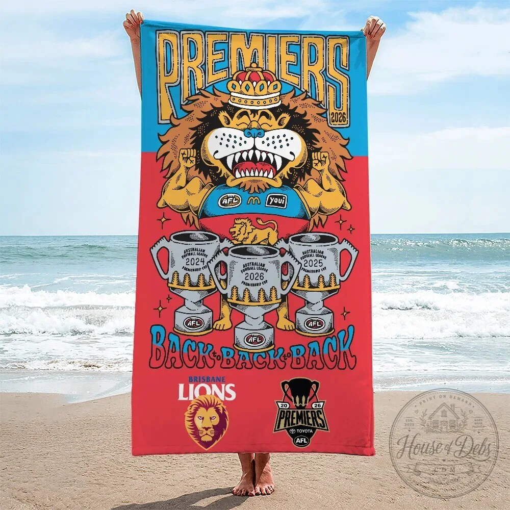 Brisbane Lions Australian Football League 2026 Premiers Back To Back Beach Towel