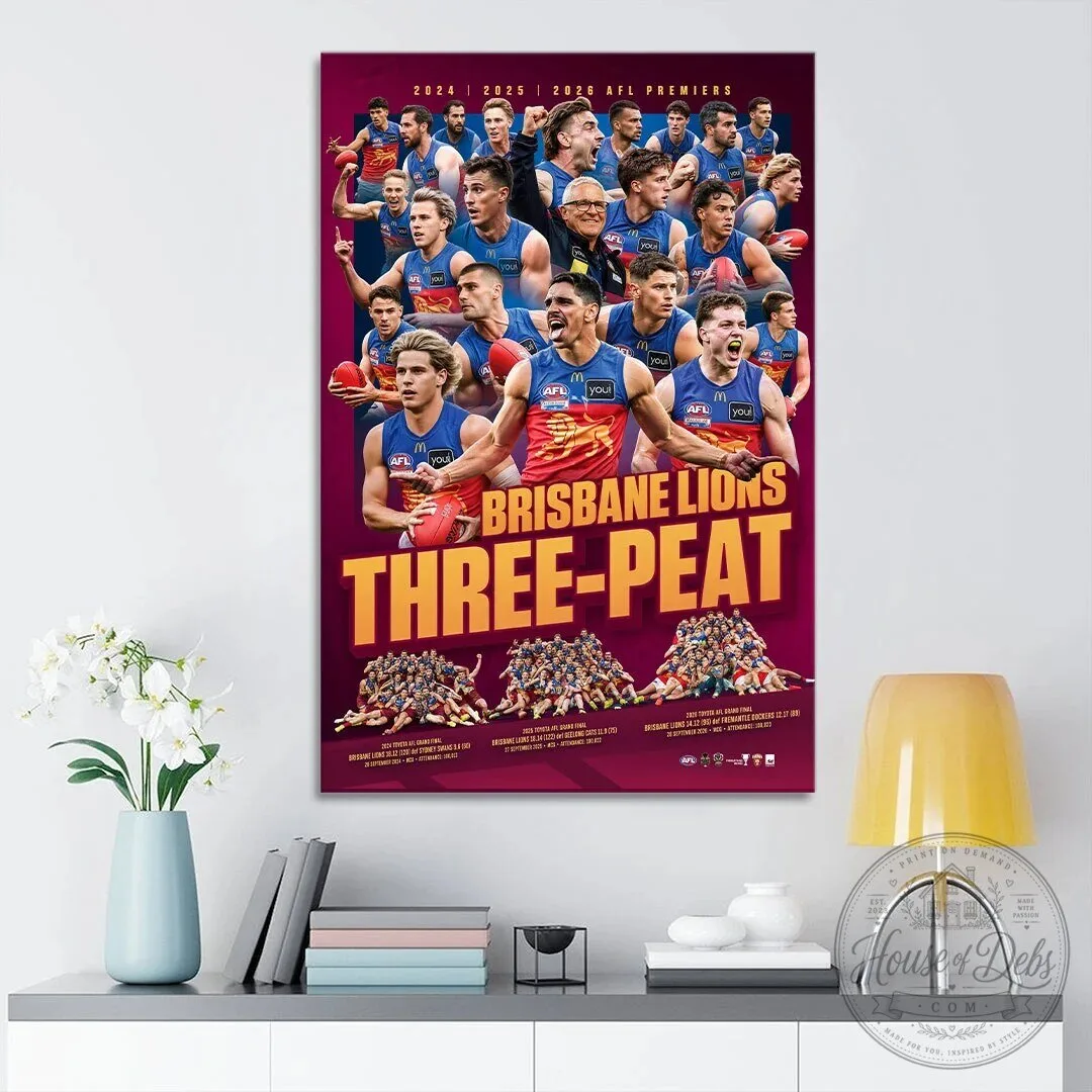 Brisbane Lions Three-Peat 2024 2025 2026 AFL Premiers Canvas Wall Art