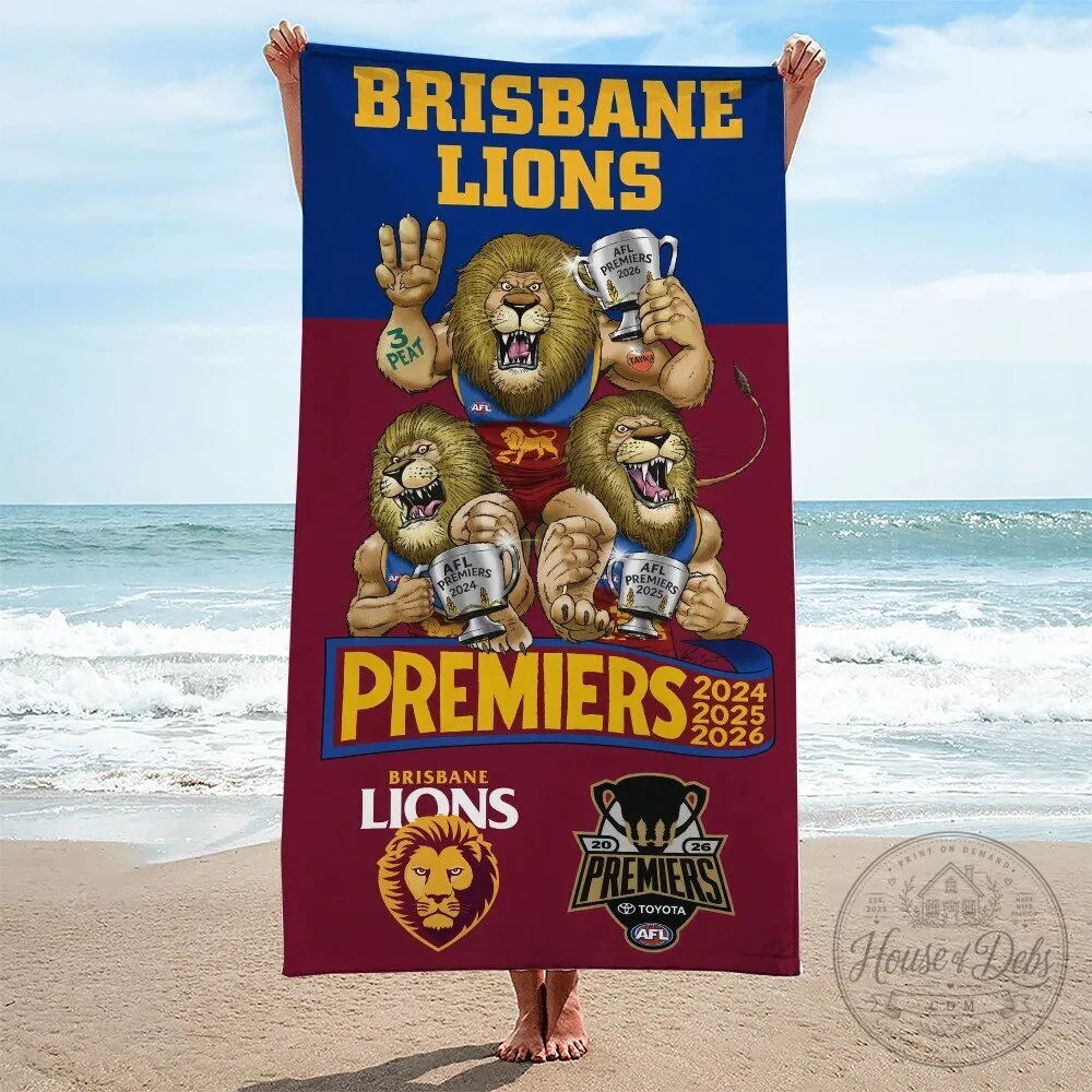 AFL Beach Towel Featuring Brisbane Lions Threepeat Premiers 2024 2025 2026