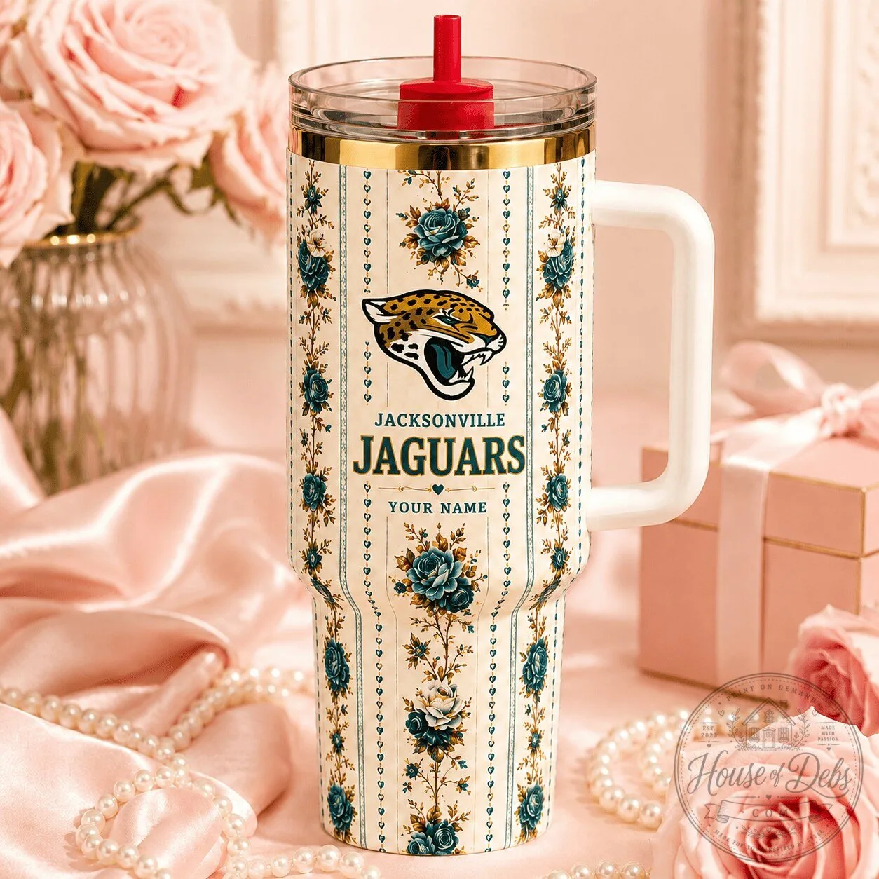 Jacksonville Jaguars Floral Pattern Insulated Straw Tumbler with Handle