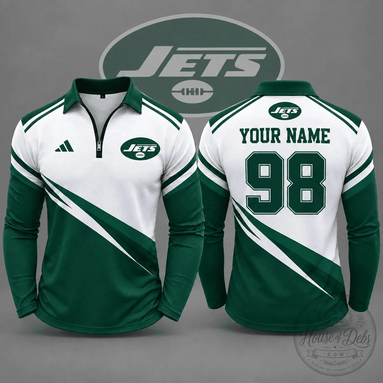 New York Jets Personalized Quarter Zip Long Sleeve Polo Shirt
