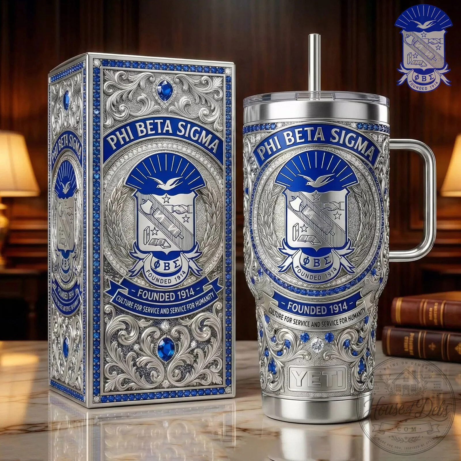Phi Beta Sigma Fraternity Founded 1914 Silver Blue Tumbler with Handle