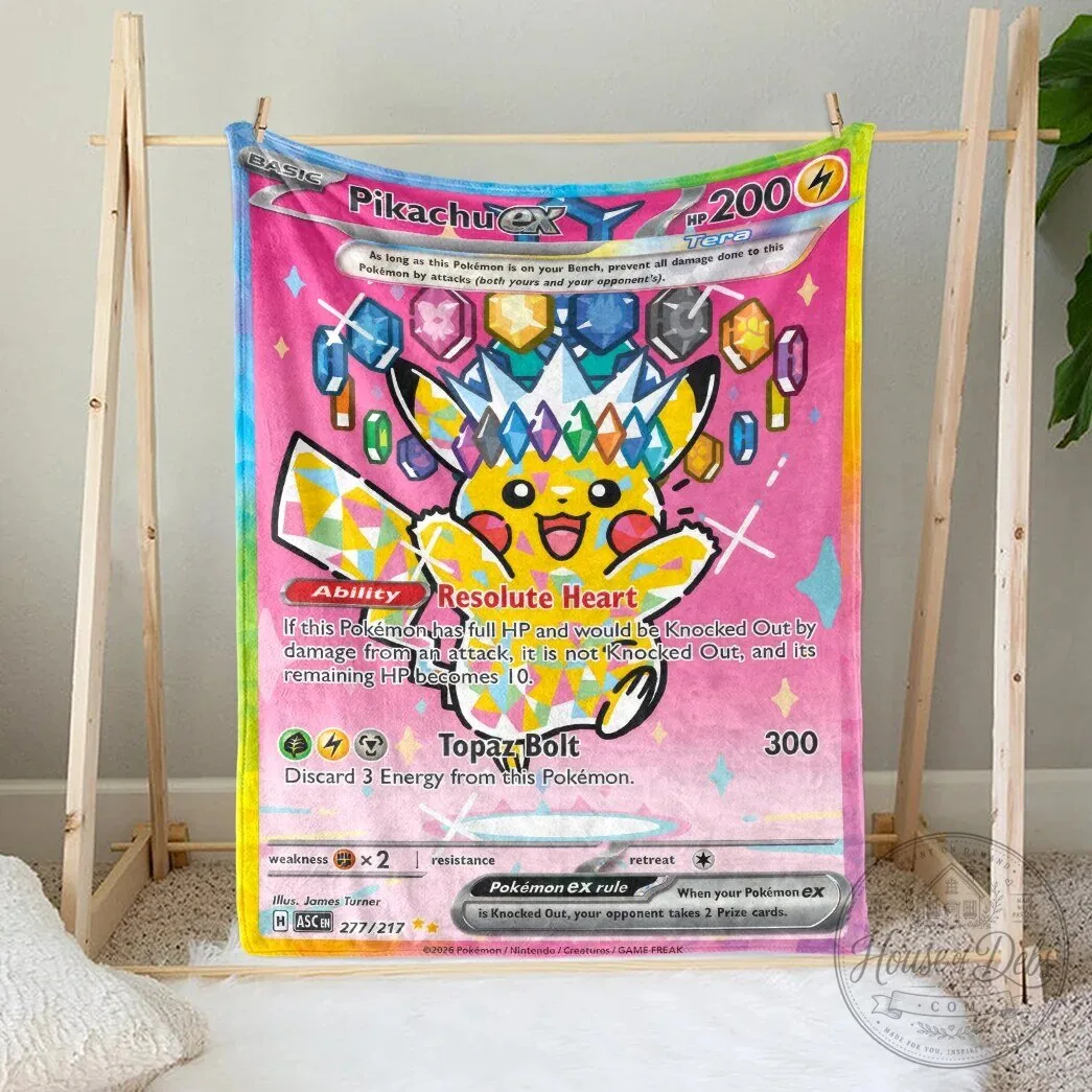 Pokemon Pikachu EX Card Custom Fleece Throw Blanket