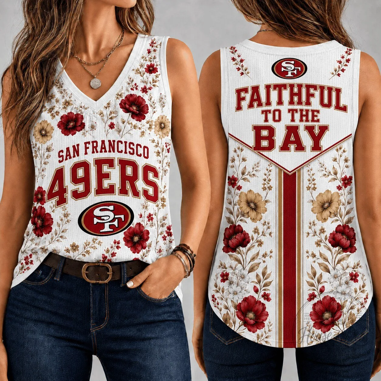 Women's V-Neck Tank Top with Floral Vintage Design for San Francisco 49ers Game Day