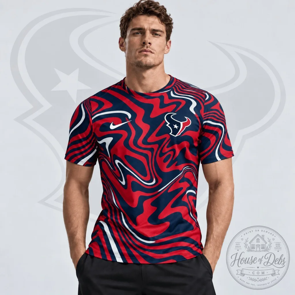 Houston Texans NFL Team Crest Abstract Wave All Over Print T-Shirt Houston Texans NFL Team Crest Abstract Wave All Over Print T-Shirt