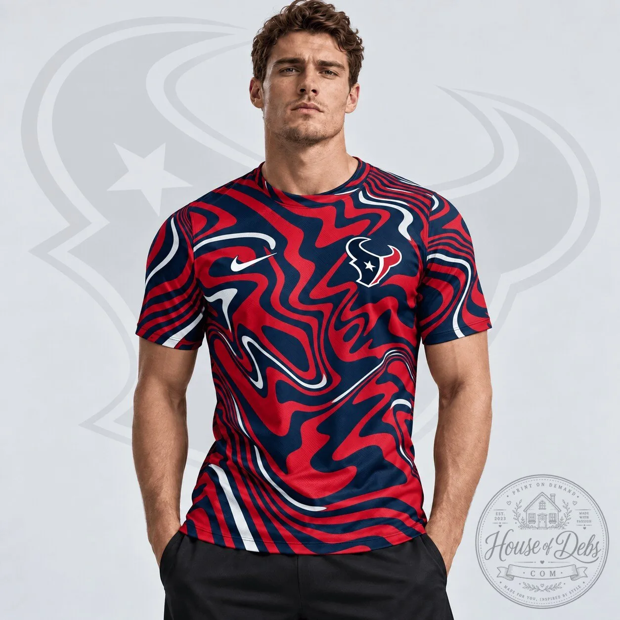 Houston Texans NFL Team Crest Abstract Wave All Over Print T-Shirt 1 Houston Texans NFL Team Crest Abstract Wave All Over Print T-Shirt
