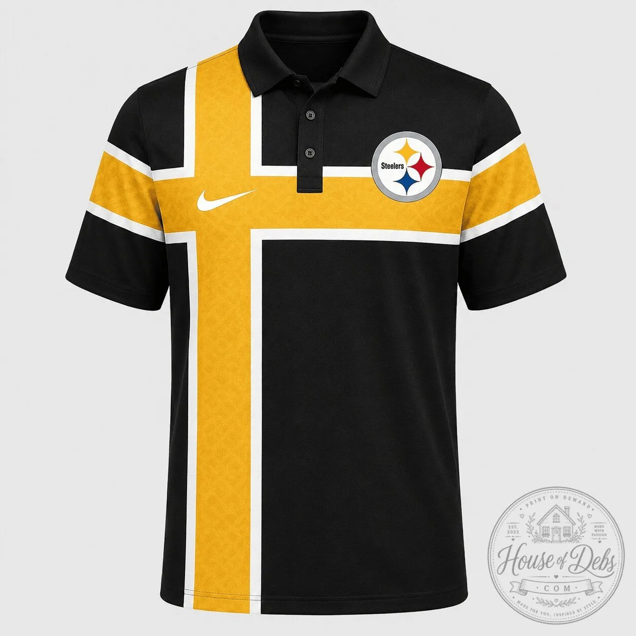 Pittsburgh Steelers NFL Football Team Black and Gold Striped Polo Shirt