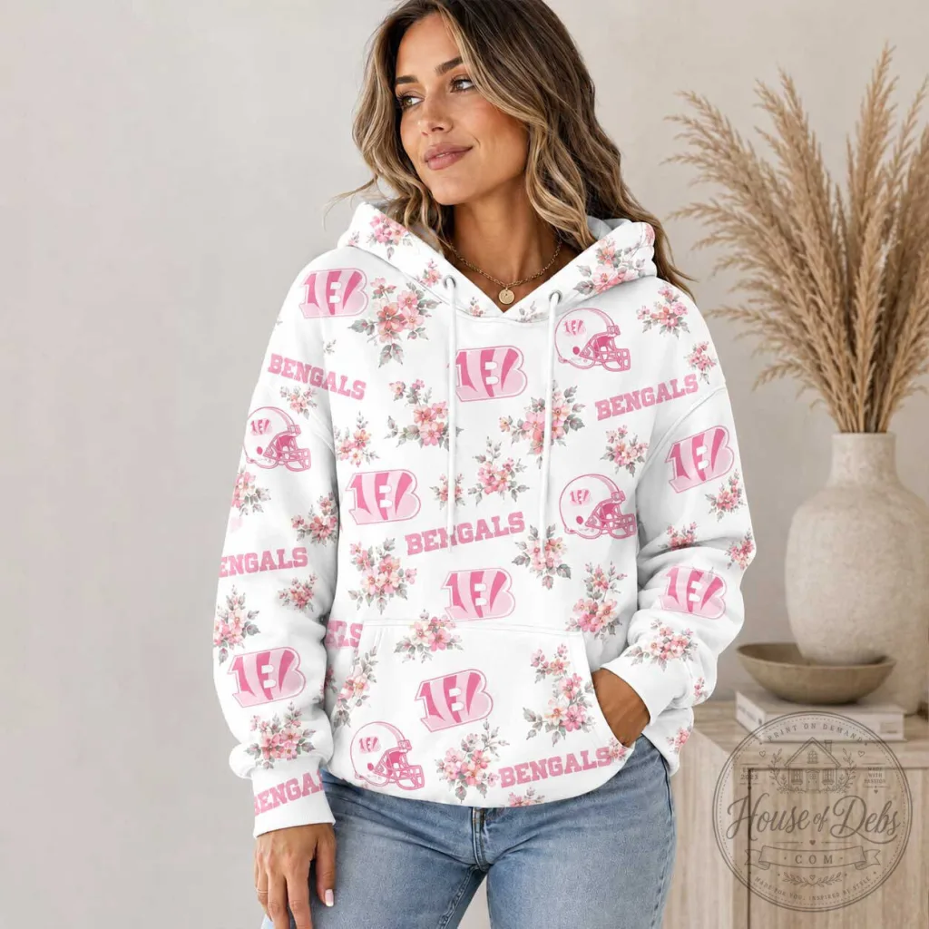 Cincinnati Bengals Pink Floral Helmet Pattern Women's Hoodie Cincinnati Bengals Pink Floral Helmet Pattern Women's Hoodie