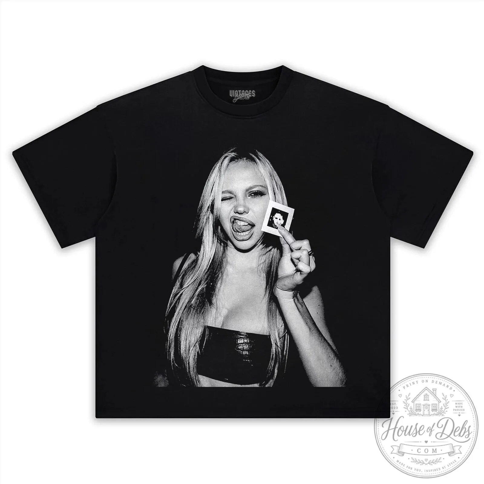 Adéla Black and White Portrait Winking Tongue Out T-Shirt