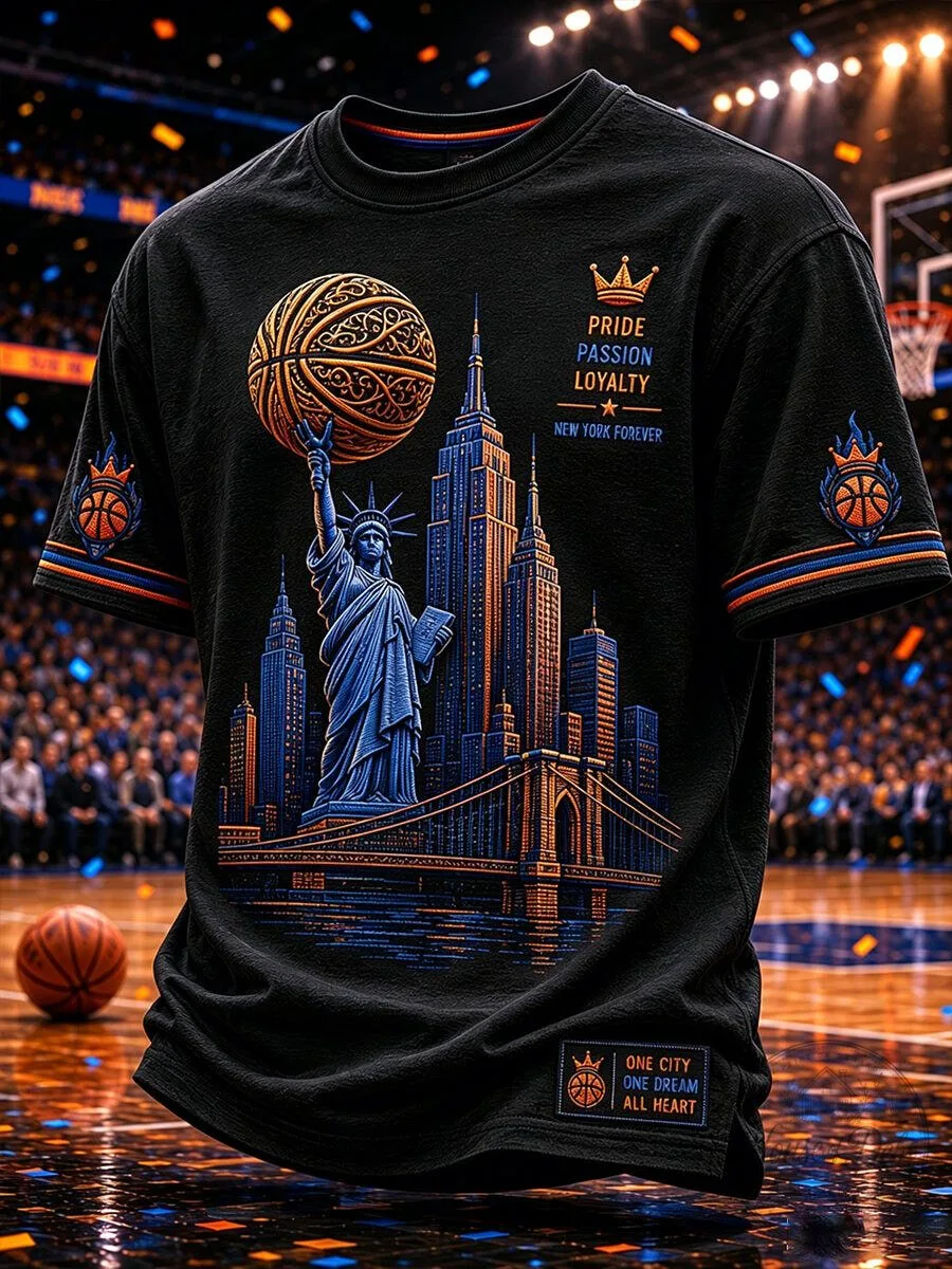 New York Basketball Fan Shirt with Statue of Liberty and Cityscape Graphic 1 New York Basketball Fan Shirt with Statue of Liberty and Cityscape Graphic
