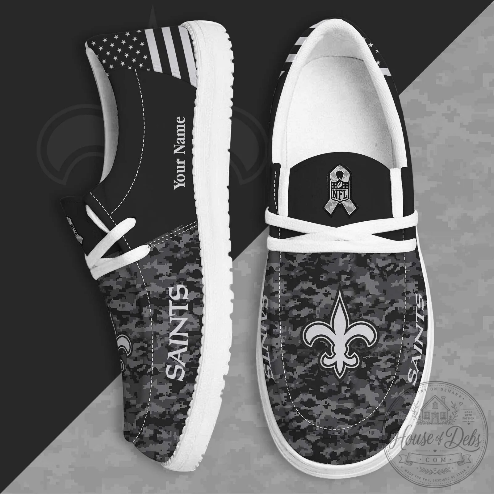 New Orleans Saints NFL Salute to Service Custom Name Camouflage Shoes