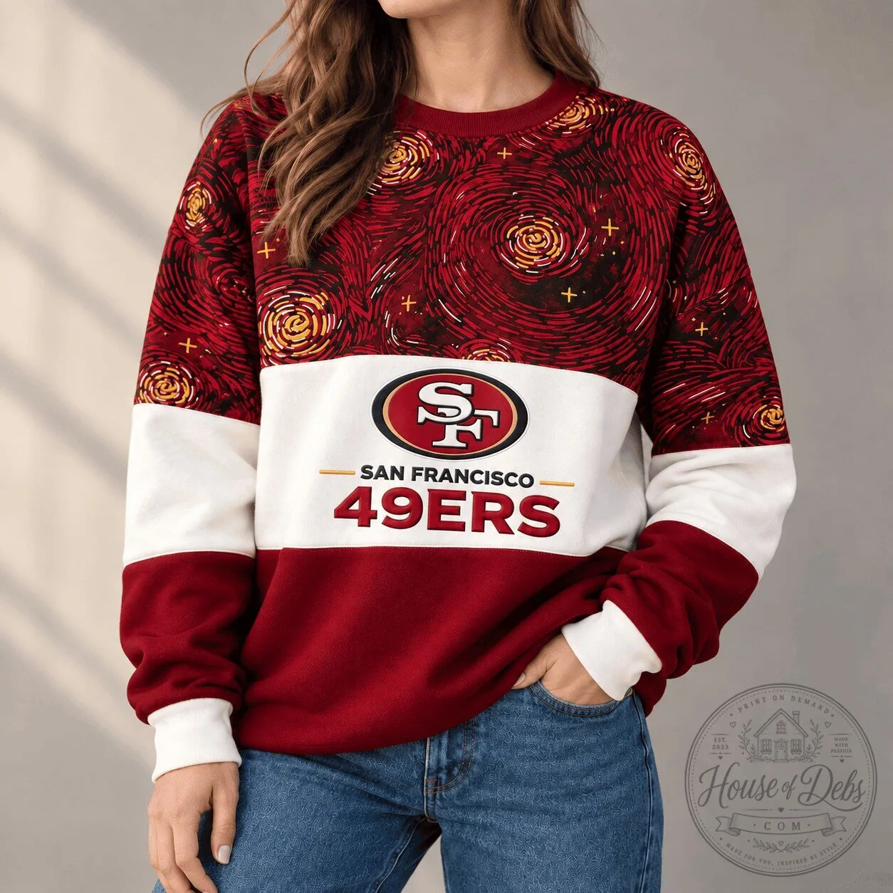 San Francisco 49ers Van Gogh Starry Night Red and White Crewneck Sweatshirt