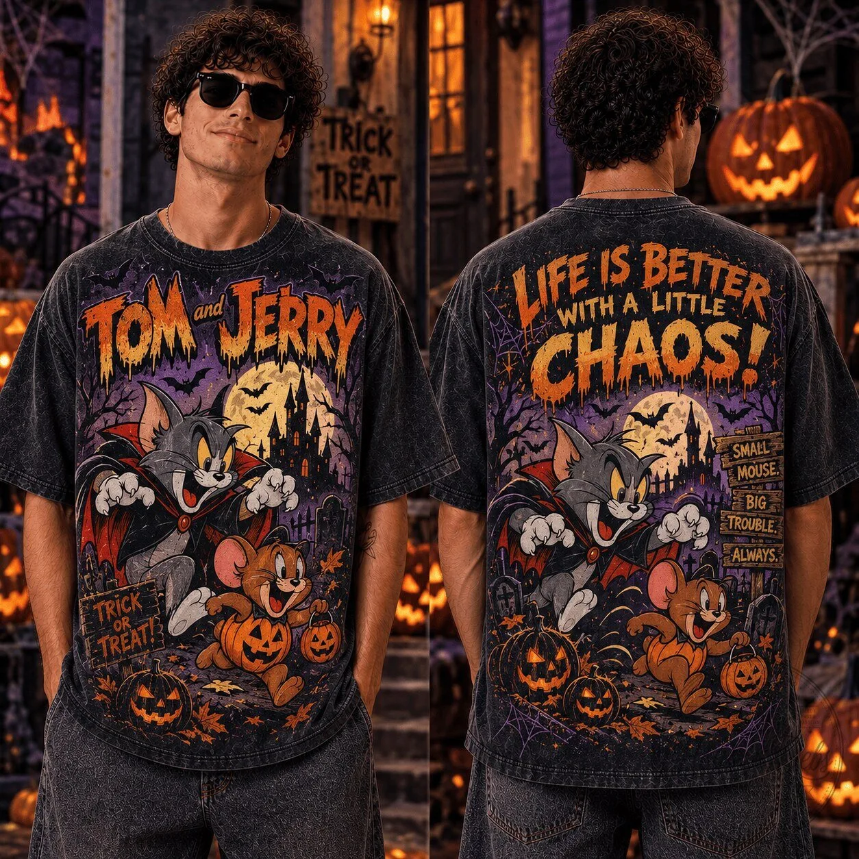 Happy Halloween Tom and Jerry Cartoon Vampire Trick or Treat T-Shirt