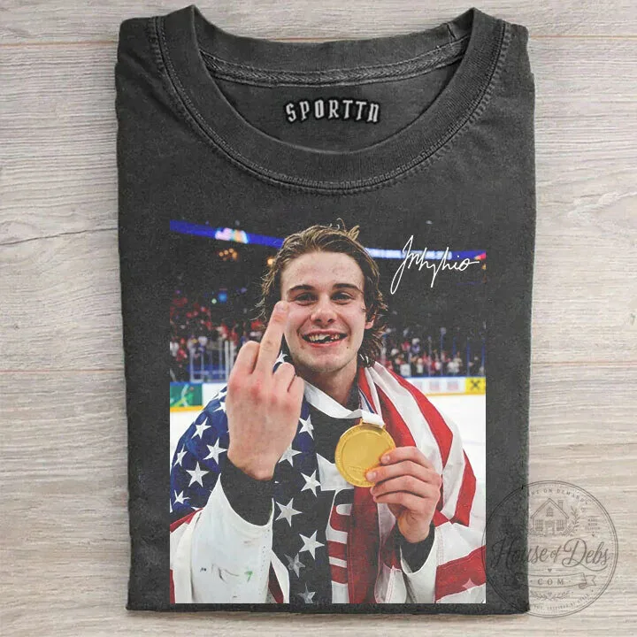 Jack Hughes Champion USA Flag Middle Finger Hockey Player T-Shirt