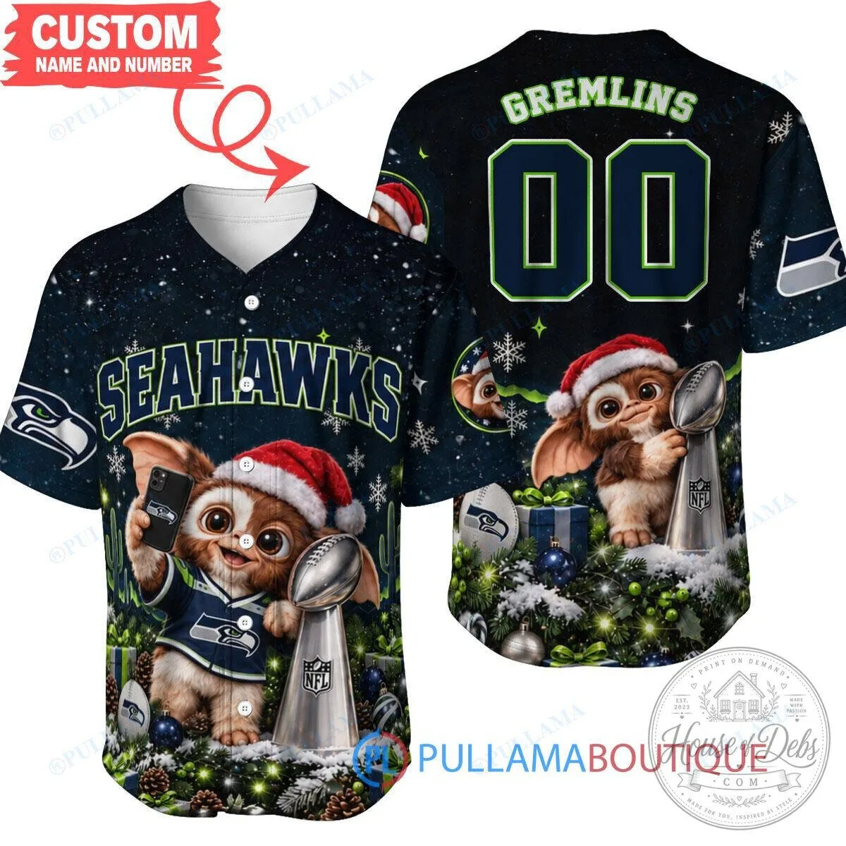 Seattle Seahawks Gremlins Christmas Gizmo Super Bowl Baseball Jersey
