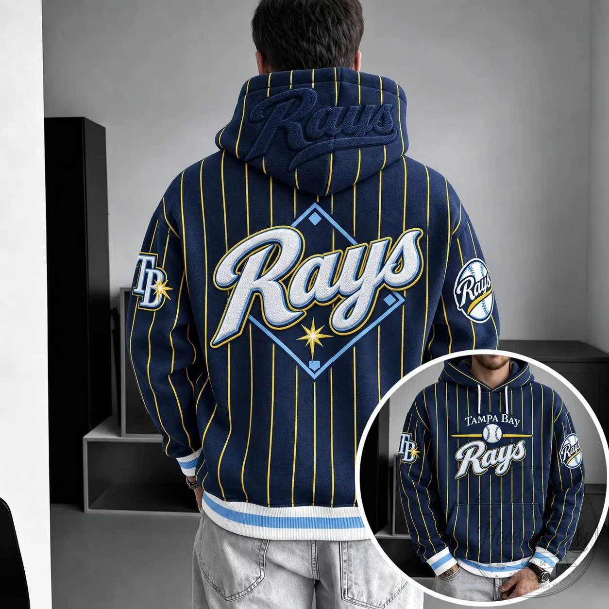 Tampa Bay Rays Baseball Striped Embroidered Hoodie