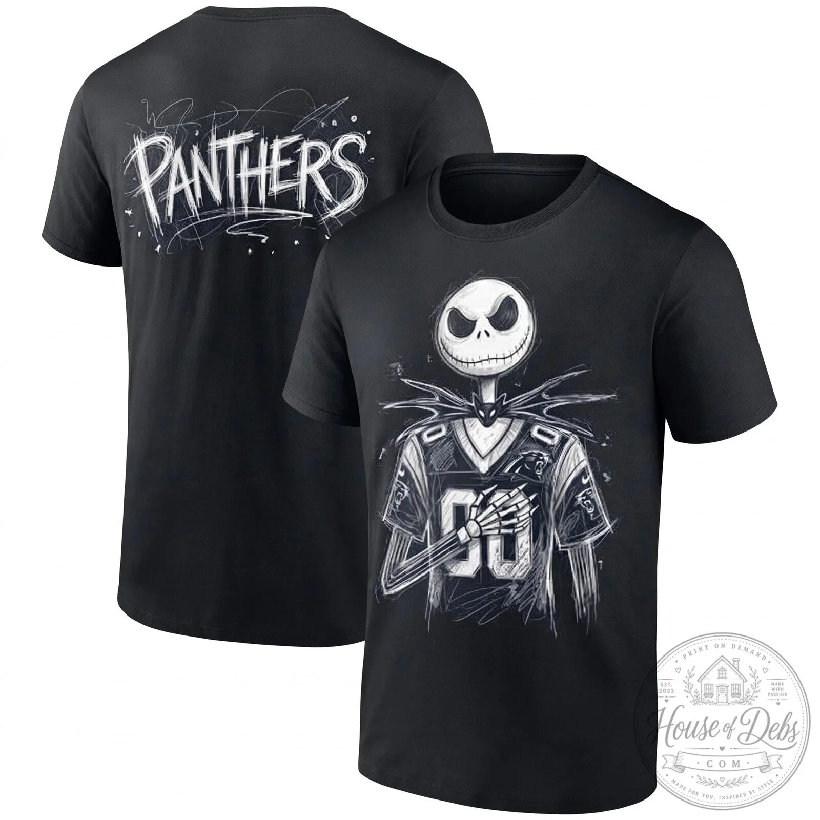 Carolina Panthers Jack Skellington Halloween Black T-Shirt 2 Carolina Panthers Jack Skellington Halloween Black T-Shirt