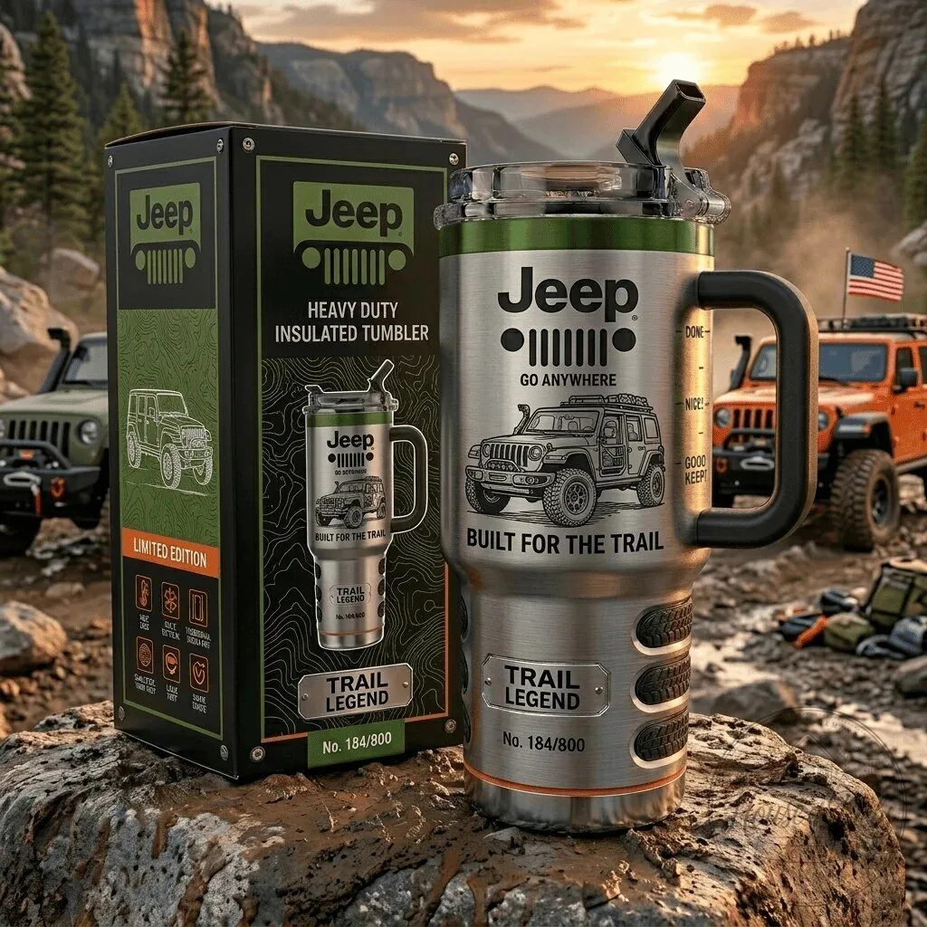 Jeep Heavy Duty Insulated Tumbler with Handle and Straw, Built for the Trail