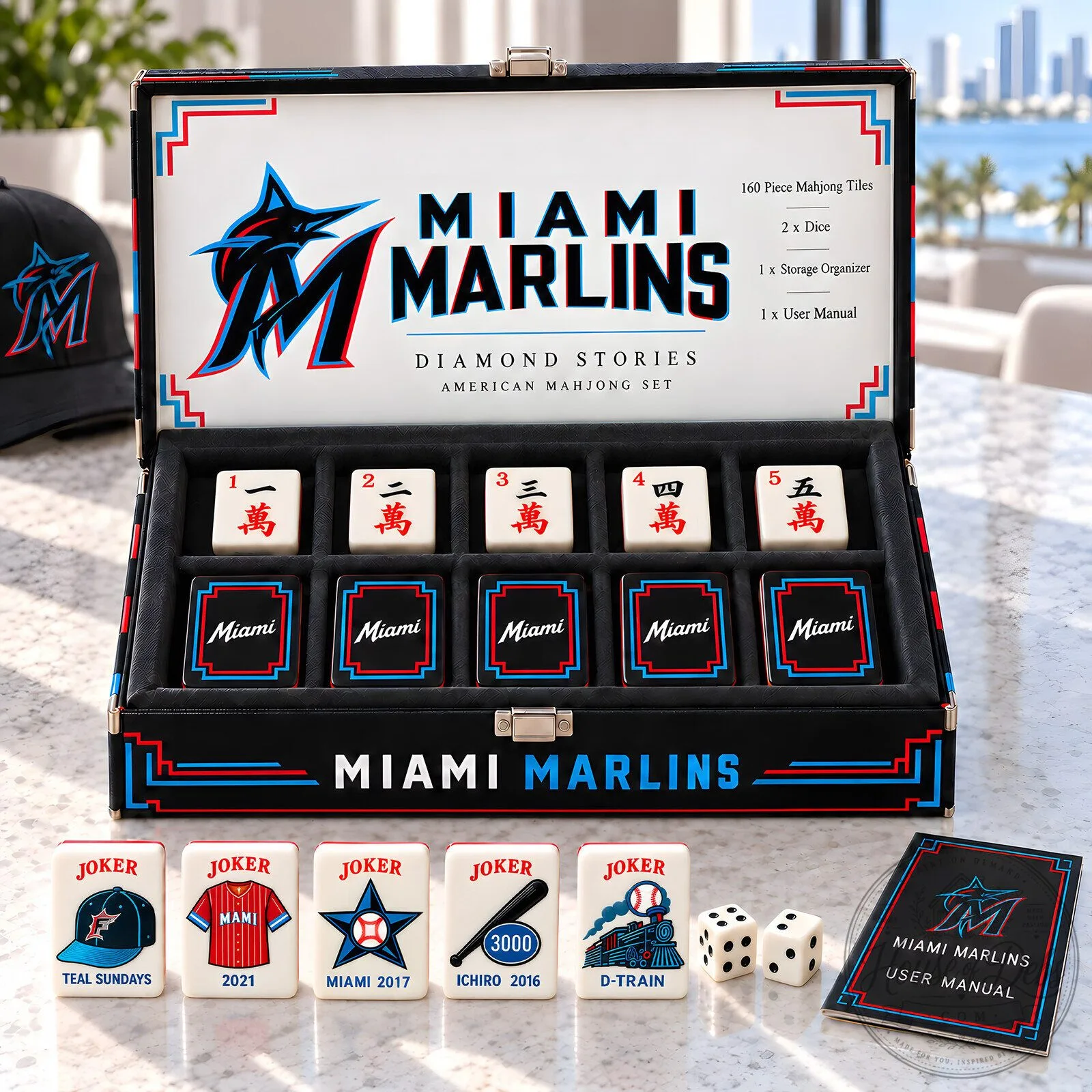 Miami Marlins Baseball Team American Mahjong Game Set with Storage Case