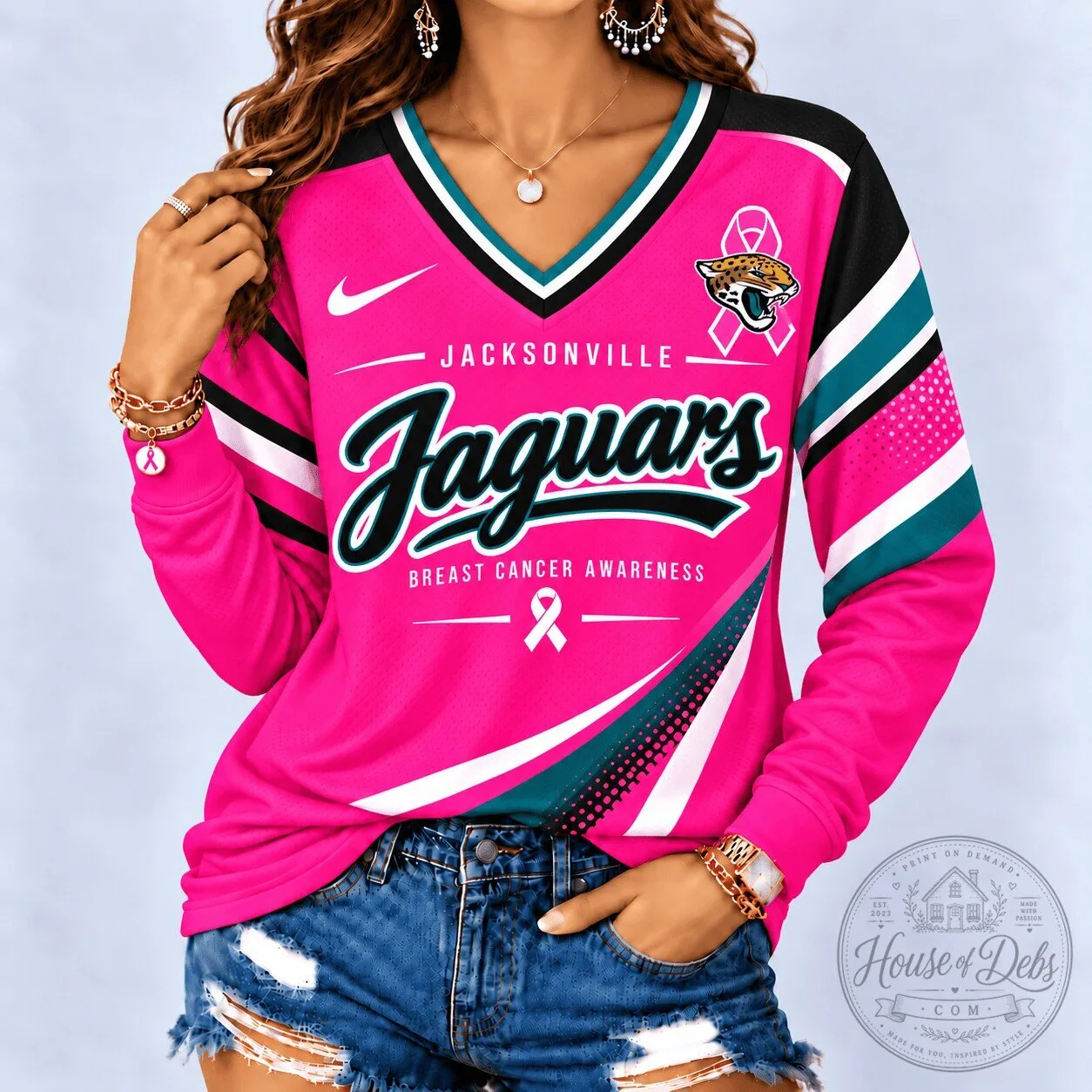 Jacksonville Jaguars Breast Cancer Awareness Pink Long-Sleeve Shirt 2 Jacksonville Jaguars Breast Cancer Awareness Pink Long-Sleeve Shirt