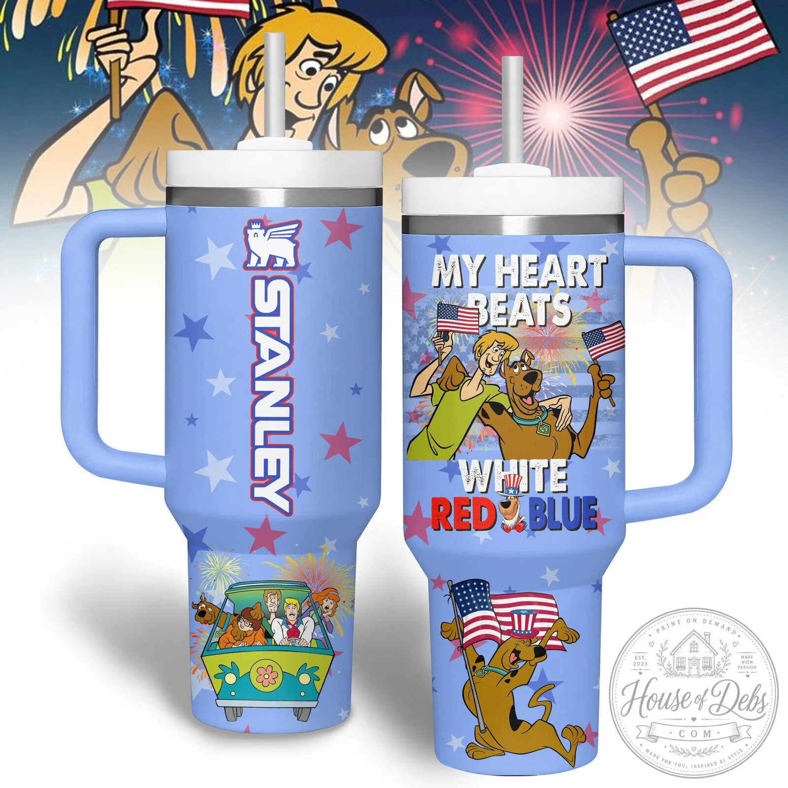 Scooby Doo My Heart Beats White Red Blue Patriotic Stanley Tumbler