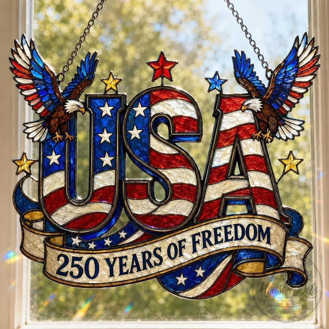 American Flag USA 250 Years of Freedom Stained Glass Suncatcher